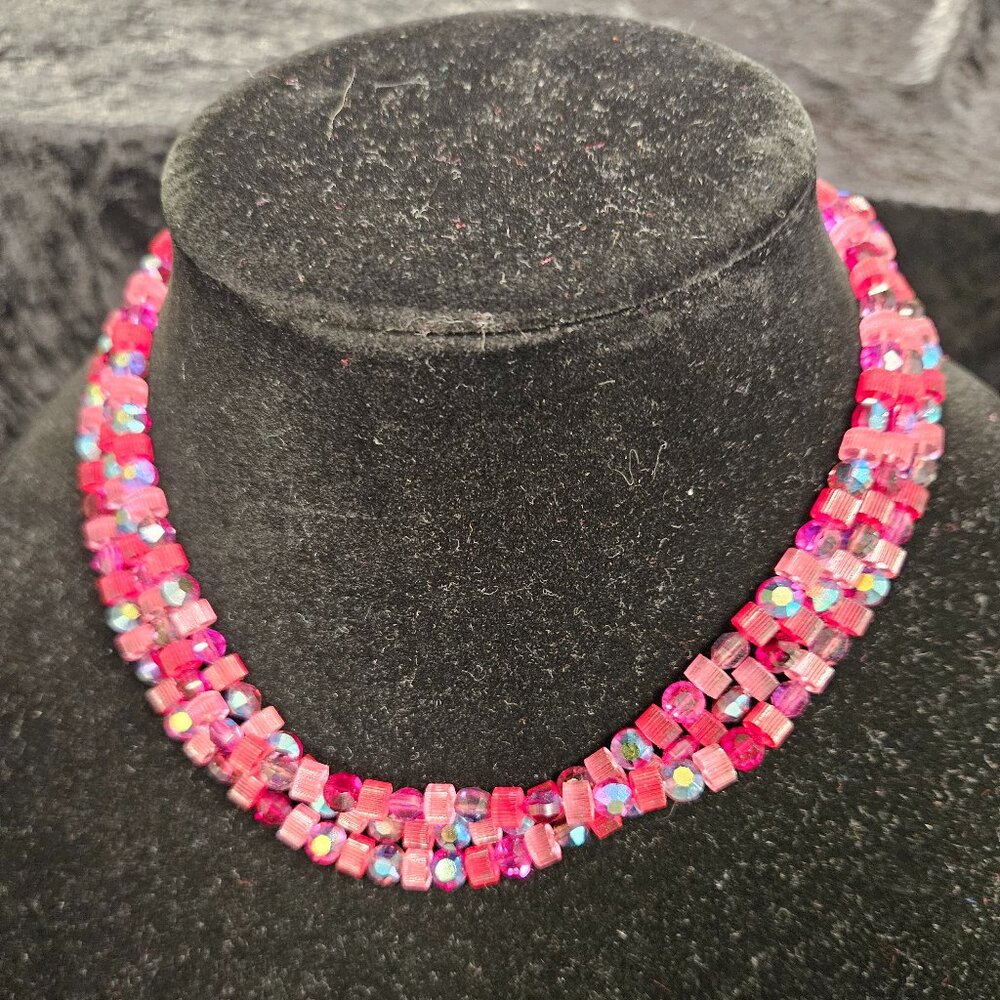 3 Layer beaded necklace with hook type clasp, reds/purples - 7" to 1st layer